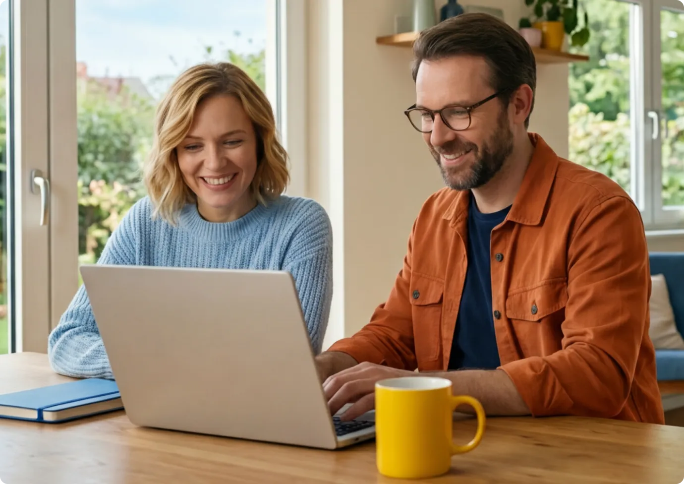 Ein Paar sitzt am Laptop und erledigt gemeinsam die Steuererklärung